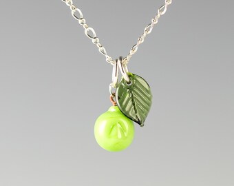 Glass Green Pea Charm Necklace in sterling  silver or gold-filled, hand blown glass art, nature inspired jewelry, Mothers Day Gift