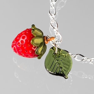 Strawberry Bracelet w hand blown glass strawberry + leaf on sterling silver or gold-filled, strawberry jewelry, Mothers Day Gift