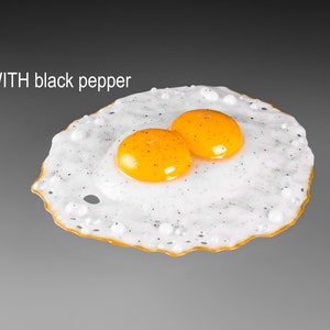 Fried egg paperweight, life-size realistic hand blown glass figurine, double yolk, WITH black pepper, Mothers Day Gift