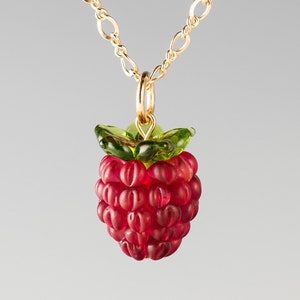 Raspberry Necklace w/ large hand blown glass raspberry + calyx on sterling silver or gold-filled, by GlassBerries, Mothers Day Gift