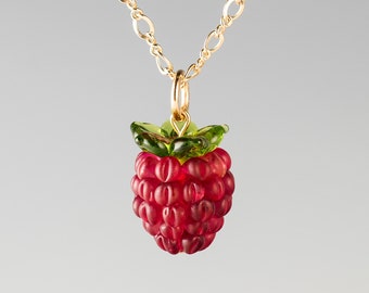 Raspberry Necklace w/ large hand blown glass raspberry + calyx on sterling silver or gold-filled, by GlassBerries, Mothers Day Gift