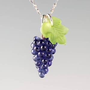 Grape Bunch Necklace, blue hand blown glass grape bunch + leaf on sterling silver or gold-filled, woodl+ jewelry, Mothers Day Gift