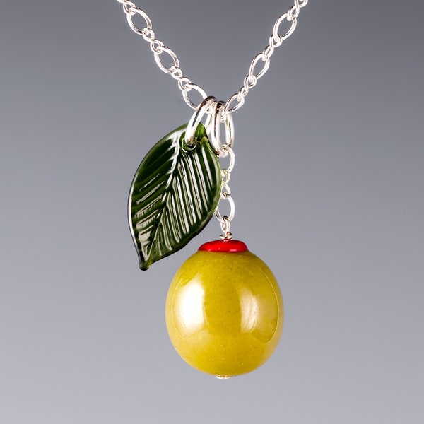 Green Olive Necklace w pimento, hand blown glass cocktail olive + leaf charms on sterling silver or gold-filled chain, Mothers Day Gift