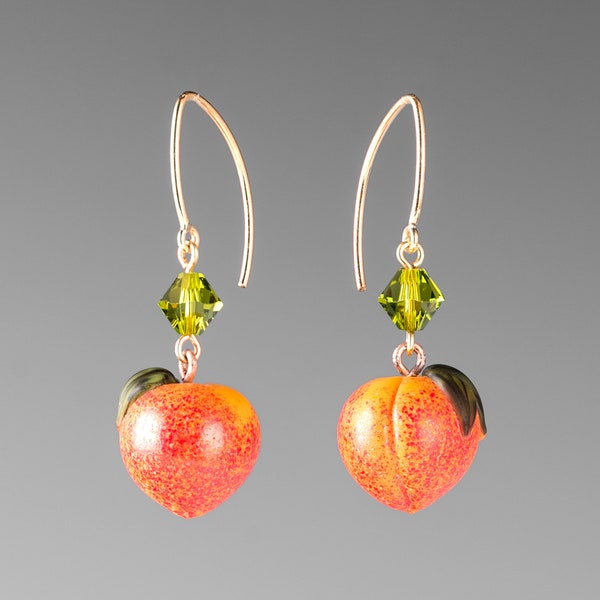 Peach Earrings w hand blown glass peaches + lead crystals on sterling silver or gold-filled, Georgia peach jewelry, Mothers Day Gift