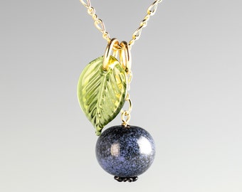 Blueberry Necklace w medium-sized hand blown glass blueberry + leaf charm on sterling silver or gold-filled, jewelry, Mothers Day Gift