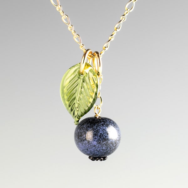 Blueberry Necklace w medium-sized hand blown glass blueberry + leaf charm on sterling silver or gold-filled, jewelry, Mothers Day Gift