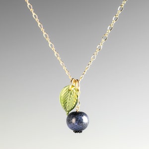 Blueberry Necklace w medium-sized hand blown glass blueberry leaf charm on sterling silver or gold-filled, jewelry, Mothers Day Gift image 2