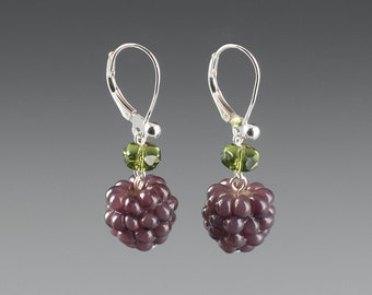 Boysenberry Earrings w crystals on sterling silver or gold-filled, hand blown glass art, nature inspired jewelry by GlassBerries