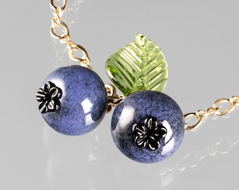 Double Blueberry Bracelet w 2 Hand Blown Glass Blueberries + leaf on sterling silver or gold-filled, nature inspired, Mothers Day Gift