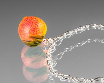 Peach Bracelet w hand blown glass peach + leaf on sterling silver or gold-filled, Georgia Peach jewelry, Mothers Day Gift