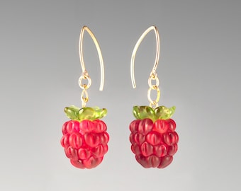 Raspberry Earrings w/ glass raspberries + green glass calyx on sterling silver or gold-filled, art jewelry, Mothers Day Gift