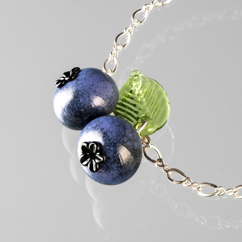 Double Blueberry Bracelet w 2 Hand Blown Glass Blueberries leaf on sterling silver or gold-filled, nature inspired, Mothers Day Gift image 3