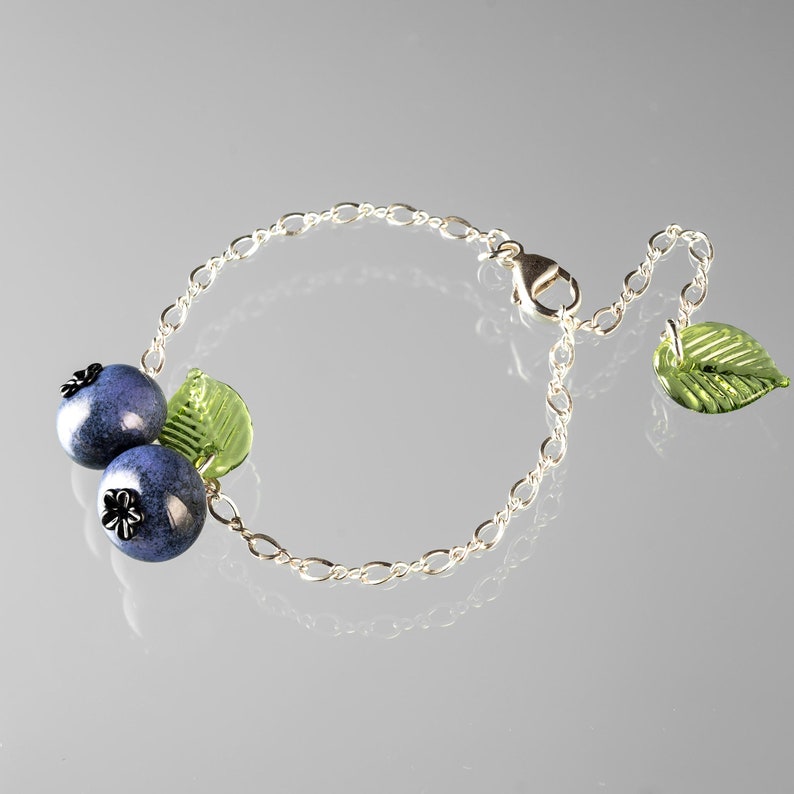 Double Blueberry Bracelet w 2 Hand Blown Glass Blueberries leaf on sterling silver or gold-filled, nature inspired, Mothers Day Gift image 4
