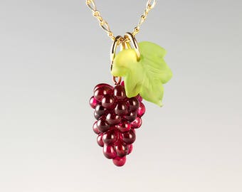 Grape Necklace, red hand blown glass grape bunch + leaf on sterling silver or gold-filled, wine lover gift, Mothers Day Gift