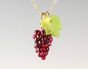 Grape Necklace, red hand blown glass grape bunch + leaf on sterling silver or gold-filled, wine lover gift, Mothers Day Gift