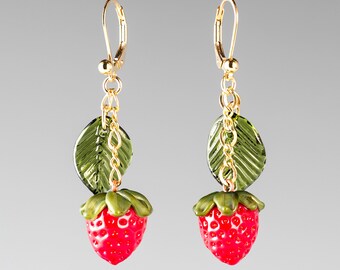 Strawberry Earrings w hand blown glass strawberries + leaves on sterling silver or gold-filled, strawberry jewelry, Mothers Day Gift