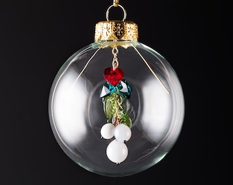 Glass Mother's Mistletoe Christmas Ornament with up to 4 Children's Birthstone Hearts by GlassBerries, hand blown glass, Mothers Day Gift