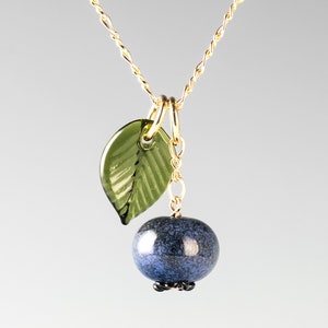 Blueberry Necklace w medium-sized hand blown glass blueberry leaf charm on sterling silver or gold-filled, jewelry, Mothers Day Gift image 3