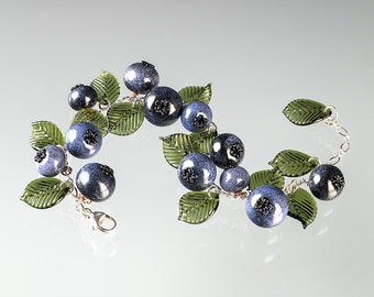 Blueberry Bracelet w hand blown glass blueberries + leaves on sterling silver or gold-filled, nature inspired jewelry, Mothers Day Gift