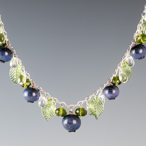 Blueberry Necklace, Chain Fruit Necklace, Adjustable Jewelry, Hand Blown Glass Art, Handmade Gift, Blueberry Jewelry, Lampwork Leaves