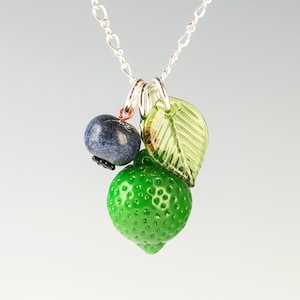 Glass Lime + Blueberry Necklace in sterling  silver or gold-filled, hand blown glass art, nature inspired jewelry