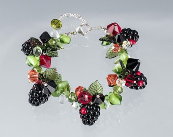 Blackberry Bracelet w 5 hand blown glass blackberries + leaves on sterling silver or gold-filled, jewelry by GlassBerries, Mothers Day Gift