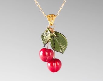 Glass Red Cherry Necklace or Pendant on gold-filled, hand blown glass art, nature inspired jewelry Quinceanera Gift