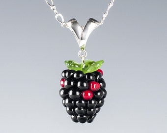 Blackberry Pendant Necklace w life-sized hand blown glass blackberry and calyx on sterling silver chain and slider, Mothers Day Gift