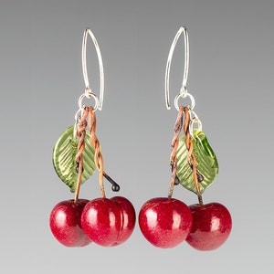 Cherry Earrings, red hand blown glass cherry pairs on sterling silver or gold-filled, glass art, nature inspired jewelry, Mothers Day Gift