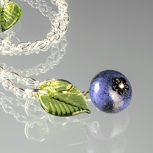 Blueberry Necklace by GlassBerries, Summer Style, Lampwork Beads, Leaf Charm, Blueberry Jewelry, Berry Charm, Hand Blown Glass Charm