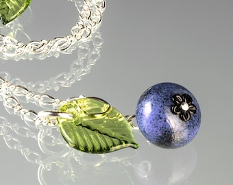 Blueberry Necklace by GlassBerries, Summer Style, Lampwork Beads, Leaf Charm, Blueberry Jewelry, Berry Charm, Hand Blown Glass Charm