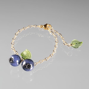 Double Blueberry Bracelet w 2 Hand Blown Glass Blueberries leaf on sterling silver or gold-filled, nature inspired, Mothers Day Gift image 2