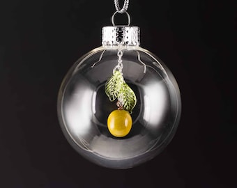 Green Olive Christmas Ornament, hand blown glass whole olive (no pimento) and leaves on silver or gold, holiday decor, housewarming gift