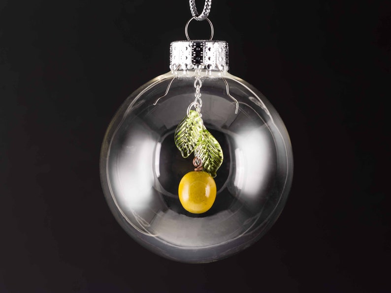 Green Olive Christmas Ornament, hand blown glass whole olive no pimento and leaves on silver or gold, holiday decor, housewarming gift image 1