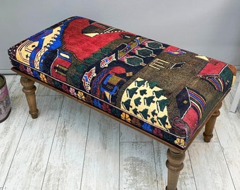 Ottoman Bench 18x36", Unique Rug Upholstered Bench, Boho Bedroom Livingroom Bench, Entryway Footstool, Floral Abstract Dining Bench