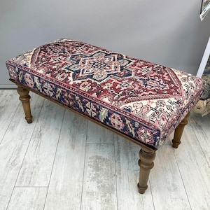 Ottoman Bench 18x48&quot;, Red Turkish Rug Upholstered Bench, Boho Bedroom Livingroom Bench, Entryway Footstool Pouf, Southwestern Dining Bench