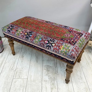 Ottoman Bench 18x48&quot;, Turkish Kilim Rug Upholstered Bench, Boho Bedroom Livingroom Bench, Entryway Footstool Pouf, Southwestern Dining Bench