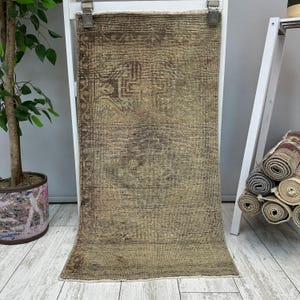 1x3 Bathroom Area Rug, 1x3 Handmade Rug, Bathroom Rug, Cotton Rug, Antique Rug, Small Handmade Rug, Turkish Oushak Rug, 1.7x3.3 ft