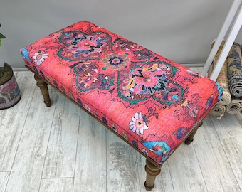 Banc ottoman fleuri rose pour décoration de bout de lit, banc de salon 18 x 48, banc rembourré tapis bohème, repose-pieds d'entrée, siège de salle à manger bohème