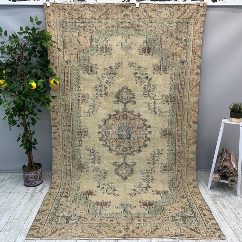Tappeto floreale verde, tappeto turco 5x9, tappeto per ingresso, tappeto per soggiorno, tappeto turco in lana 5x8, tappeto per camera da letto, tappeto da fattoria, 5,3 x 9 piedi immagine 1