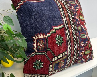 Red Kilim Pillow, Handmade Vintage Cushion Cover, Rustic Boho Decor, Neutral Square Throw Pillow for Sofa or Living Room