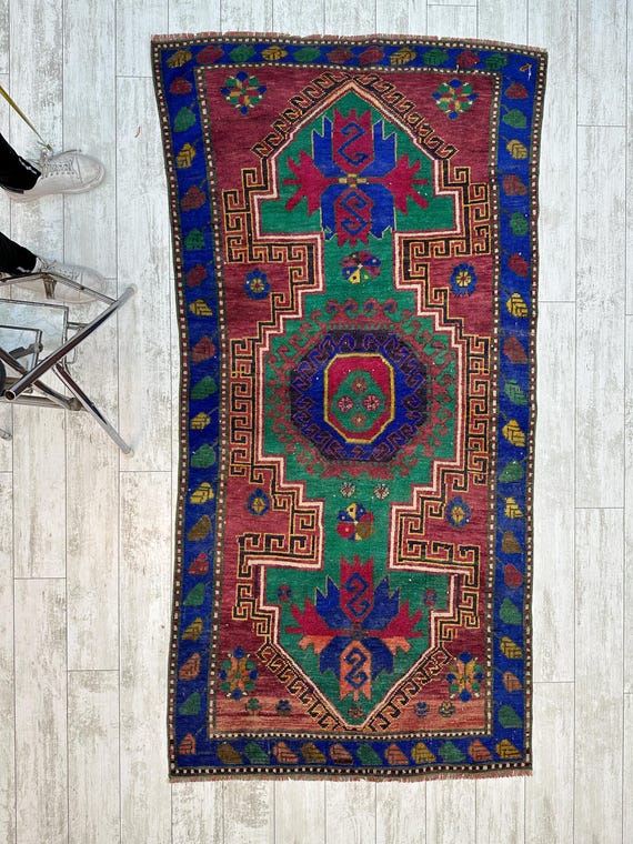 Purple Turkish Area Rug 4x7, Green Blue Vintage Turkish Rug