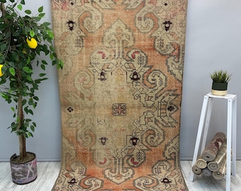 Tappeto turco floreale, tappeto Oushak vintage 3x7, tappeto boho fatto a mano, tappeto rustico per la casa, tappeto boho 3x7, tappeto per corridoio, tappeto per camera da letto, 3,6x7,3 piedi