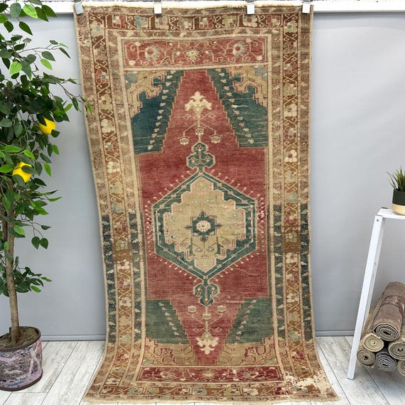 Antique Turkish Prayer Rug, 3x6 Faded Red Oushak Rug, Vintage Teal Green Anatolian Rug, Distressed Earth Tone Decor, 3.5x6.5 ft