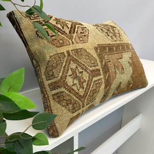 Tribal Kilim Throw Pillow, 16x24 Vintage Turkish Rug Cushion Cover, Handmade Rust Red Decorative Accent for Boho Rustic Home Décor