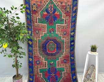 Purple Turkish Area Rug 4x7, Green Blue Vintage Turkish Rug