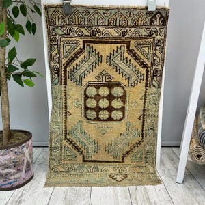 1x3 Vintage Square Rug, 1x3 Turkish Area Rug, Handmade Rug, Small Rustic Rug, Oriental Rug, Small Kitchen Rug, Small Boho Rug, 1.7x3 ft