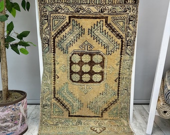1x3 Vintage Teppich Quadrat, 1x3 Türkiser Teppich, Handgemachter Teppich, Kleiner Rustikaler Teppich, Kleiner Boho Teppich, 50 x 90 cm