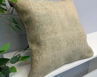 Neutral Vintage Kilim Pillow, Handmade Beige Brown Cushion Cover, Rustic Boho Decor, Textured Square Throw Pillow for Sofa or Bed
