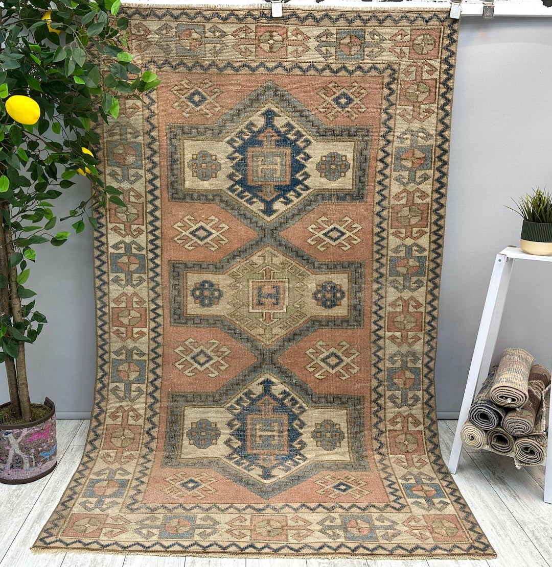 Vintage Milas Rug, 4x6 Handmade Area Rug, Orange Bohemian Rug